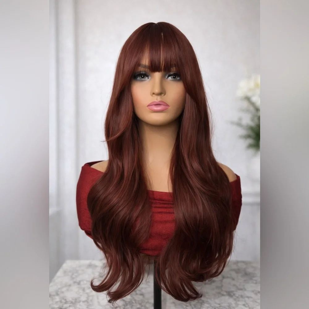 Long Wine Red Wig with Bangs Wavy Layered Synthetic Wig
